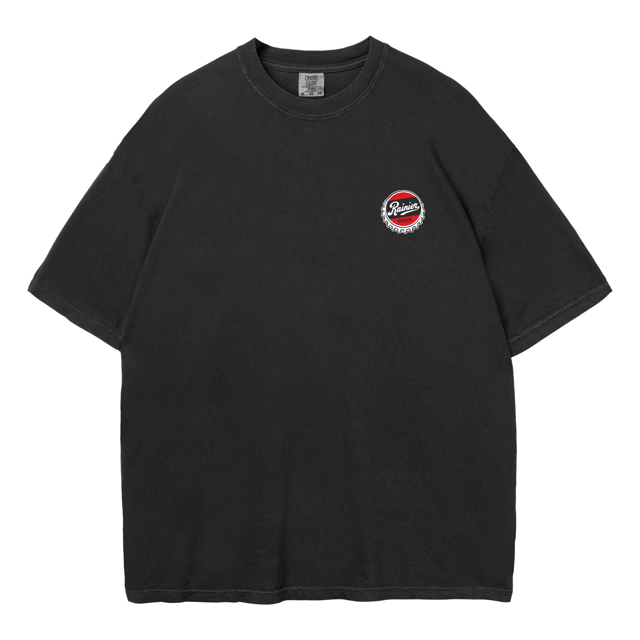 A black short-sleeve crewneck t-shirt with a small circular red, white, and blue graphic on the left chest, displayed flat against a solid white background.