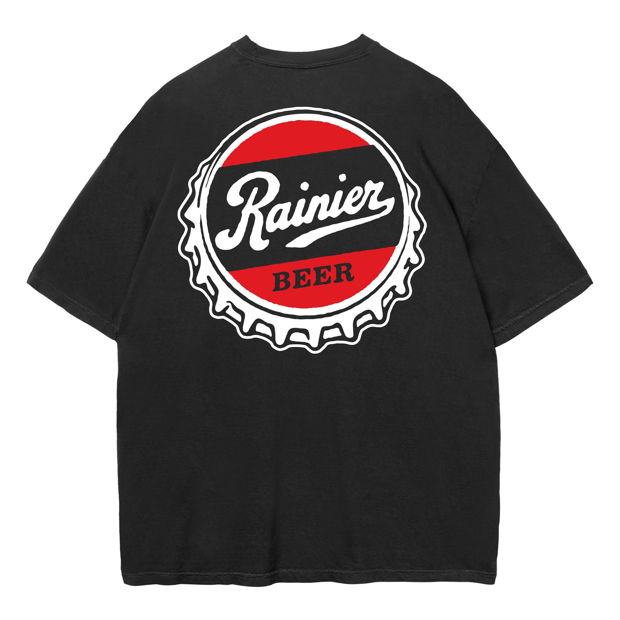 A black short-sleeve t-shirt with a large circular graphic on the back. The graphic features a red and black background with a white bottle-cap border and the text 'Rainier BEER' in white.